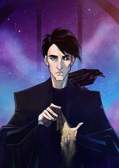 Fanart of 'The Sandman', the Netflix 2022 show. Featuring Dream holding a bag of sand in his hands, and Matthew the Raven is on his shoulder.