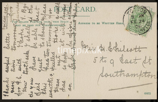 !906 postcard with message written in columns to make it hard for postman to read. To a Miss H Chilcott from her Aunt Hilda. Message is about having teeth out