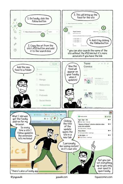 Comic page giving a mini tutorial on what an RSS feed is. Panel 1: One, on Feedly click the follow button. Two, copy the URL from the site's RSS button and add it to the search box. Panel 2: Three, this will bring up the feed for the site. Four, Add it by clicking the follow button. You can also search the name of the site without the RSS link but it's more accurate if you have the link. Panel 3: Add the new feed to a folder. Panel 4: Now the feed will appear on your Feedly when it updates! Panel 5: What I did was get the Feedly add-on for my browser. So every time a site I follow updates the extension lets me know! Panel 6: Clicking the title of the update opens the site in a new tab. I personally like seeing content on it's own site. But you can set everything up so you only ever need to open Feedly.