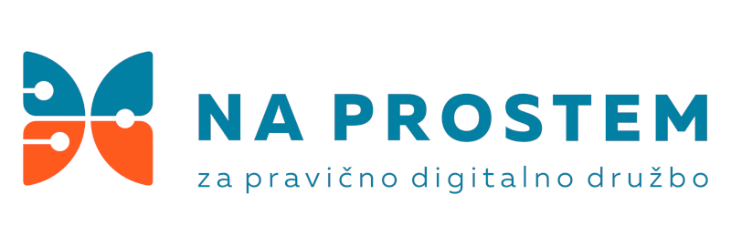 Na levi modro-oranžni logotip. Na desni napis:
NA PROSTEM
za pravično digitalno družbo