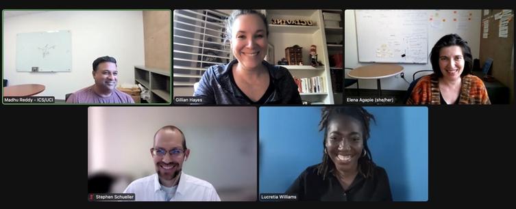 A zoom meeting of madhu reddy, Elena a vapor, Stephen Schueller, Lucretia Williams, and me