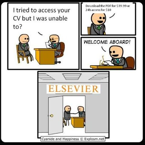 Cartoon:

Panel 1: two people sitting across a desk. "I tried to access your CV but | was unable to?"

Panel 2:  Download the PDF for $39.99  or 24h access for $10. 

Panel 3: WELCOME ABOARD!

Panel 4: Sign over door: "Elsevier"