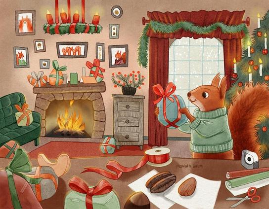 A squirrel is wrapping Christmas presents in a festively decorated living room with a fireplace, sofa, Christmas tree, Advent wreath and tall window.