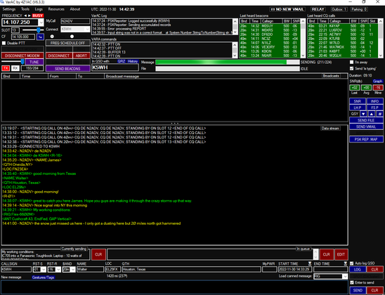 VarAC screen showing a QSO in progress on 20 meters with K5WH
