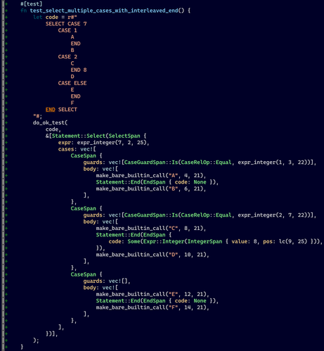Test case for SELECT CASE with three different CASEs, showing the parsed AST.