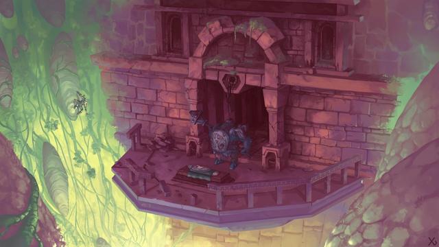 An environment concept where a guard keeps vigil over a tomb