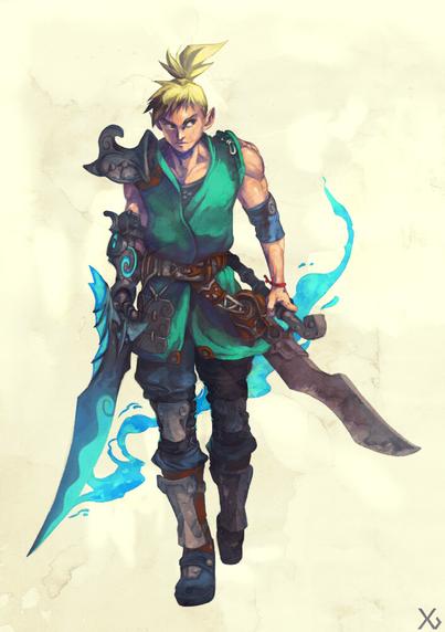 Fantasy character design concept, blonde hero with a ponytail holding two swords