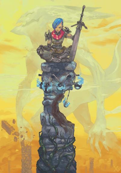 A Hunter of Souls rests atop a pillar while a giant demon spirit walks behind her