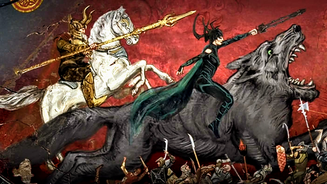 Ceiling mural featuring Odin on an 8-legged horse (Sleipnir) riding into battle alongside Hela on a giant wolf (Fenris).