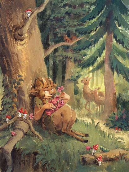 Illustration in gouache. A faun making a flower crown in the forest. Little mushroom people are bringing her more flowers. A squirrel and two deer watch her work.