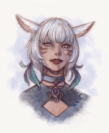 A watercolour-style portrait of Y'shtola from Final Fantasy XIV. A female miqo'te (humanoid feline race) with long, narrow ears, and short white hair. She has a soft smile on her face.