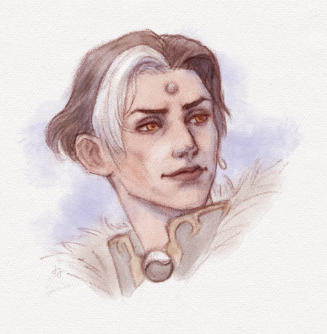 A watercolour-style portrait of Emet-Selch from Final Fantasy XIV. A human male with nose-length brown hair, a white streak at the front and yellow eyes. He has a tired and sad expression, looking over his shoulder with a slight smile.