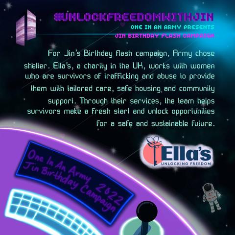 Following Wootteo's theme of a cute astronaut in white-black suit in space, the poster has black background, a spaceship controller at bottom left, and text containing info about Ella's. Ella's, a charity in the UK, works with women who are survivors of trafficking and abuse to provide them with tailored care, safe housing and community support. Through their services, the team helps survivors make a fresh start and unlock opportunities for a safe and sustainable future.