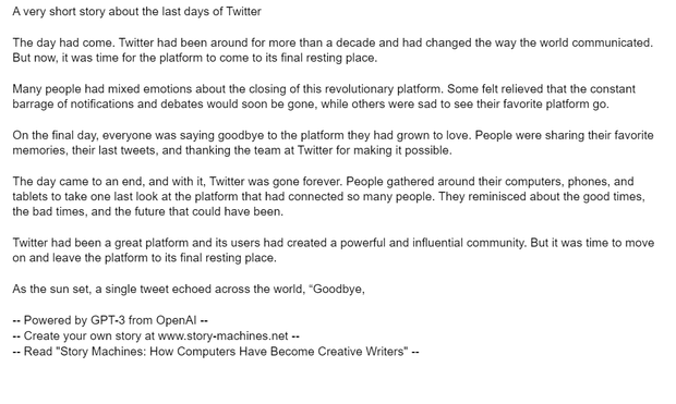 Short story about "the last days of Twitter" generated by the new Davinci-003 model of GPT-3