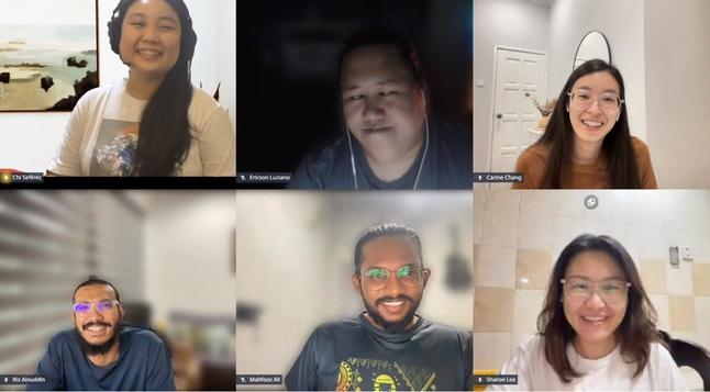 A screenshot of the faces of Friends of Figma, Philippines and LottieFiles members laid out in a grid. From left to right, top to bottom: Chi Señires (that's me!), Eric Luciano, who are with Friends of Figma, Philippines; Carine Chang, Riz Alnuddin, Mahfooz Ali, and Sharon Lee, who are with LottieFiles.