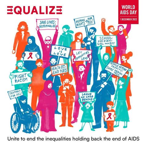 image:  diversity of people united. calling for an end to the inequalities holding back the end of AIDS. World AIDS Day 2022 theme is Equalize