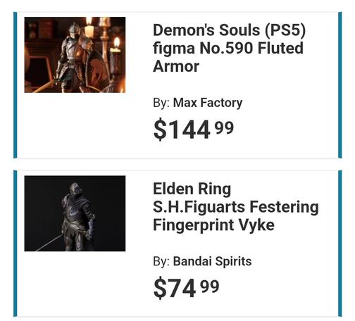 Store listing from Bigbadtoystore showing a demon's souls figure for $145 and an elden ring figure for $75