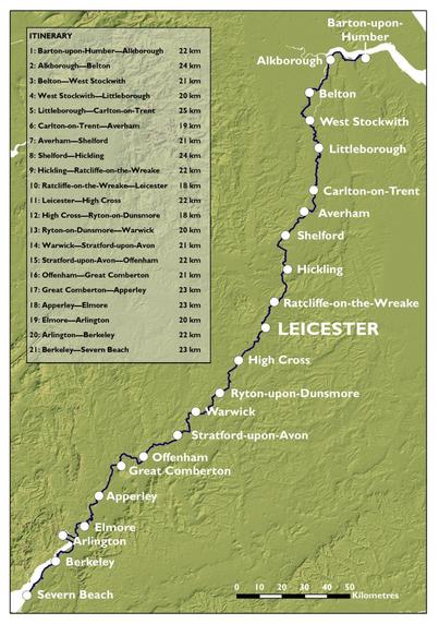 Map of my route between the Humber Bridge and Severn Bridge, featuring place-names along the way, and legend showing start and end point of each of the 21 days’ walks and distances in km.