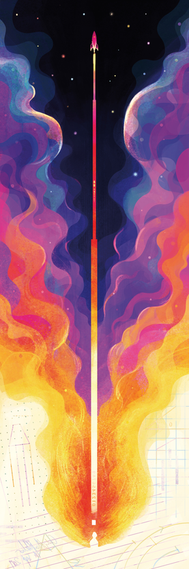 Tall image of a rocket's path, shooting up from a sheet of geometric scribbles, through luminescent clouds, and into space.
Cover image of Kaleidotrope Spring 2022 issue, by Carly A-F.
