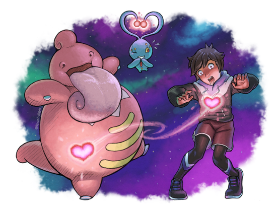 Digitally colored pencil artwork of a pokemon trainer, on the right, and his Lickilicky, on the left having their hearts swapped by a mischievous Manaphy in the top center using its Heart Swap move. The trainer looks at Lickilicky's heart entering his chest with a shocked look on his face, as well as his tongue sticking out as Lickilicky's personality begins to take over. Similarly, Lickilicky also watches as its trainer's heart begins to enter its body, causing it to loose balance as the trainer's personality begins adjusting to its new body. And Manaphy, floating between and above the two giggles away at the prank it has played on its new victims.