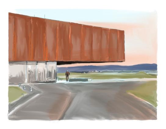Drawing. Quarder of the Museum Keltenwelt at the Glauberg covered with rusty plates in the rosy morning light

Zeichnung. Mit rostigen Platten verkleideter Quarder des Museums Keltenwelt am Glauberg im rosigen Morgenlicht