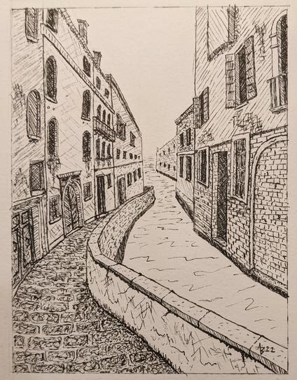Black ink drawing of an Venetian canal with a brick walkway along the right side and old buildings on both sides.