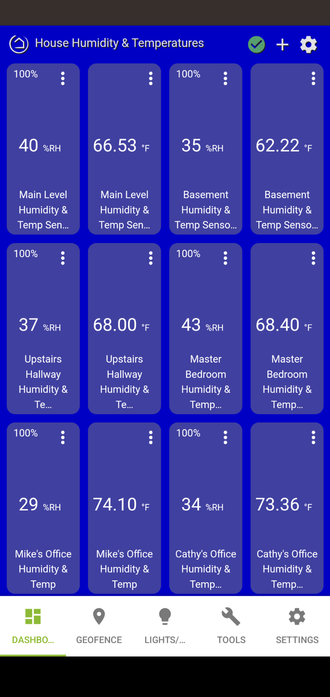 Screenshot of Android Hubitat Elevation app displaying a dashboard consisting of a 4x3 grid of widgets displaying relative humidity and temperature from 6 Third Reality ZigBee sensors
