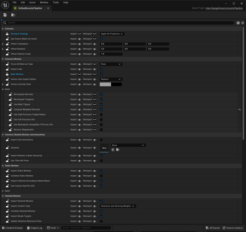 Default assets pipeline for static and skeletal meshes
