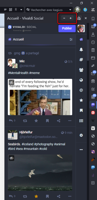 L'accueil de l'instance Mastodon dans un panneau Web à droite de la fenêtre de Vivaldi sous Windows