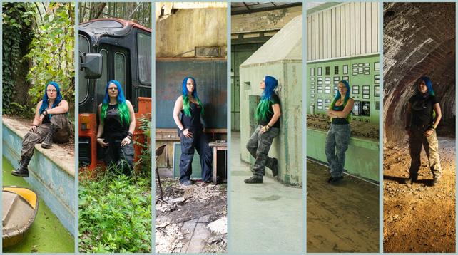 6 photos of me in abandoned buildings all over the world, in a 16:9 series of panels. From left to right; swimming pool, old bus, abandoned school, abandoned power plant, another abandoned power plant, and an old lime kiln