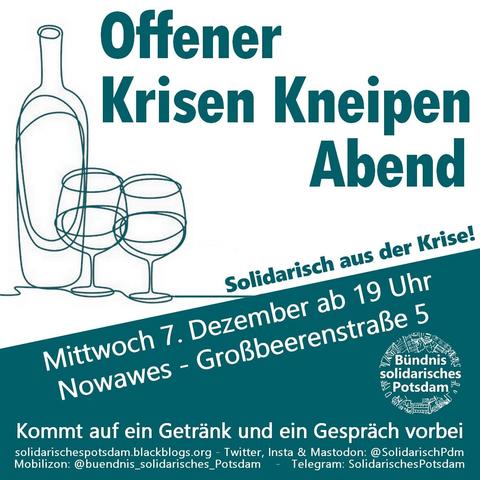 Links im Bild eine Weinflasche mit zwei Weingläsern. Große Überschrift: Offener Krisen Kneipen Abend.