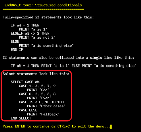 Screenshot of the EndBASIC tour, showing the screen that talks about structured conditionals. There are brief examples of IF, one-line IFs, and SELECT CASE.