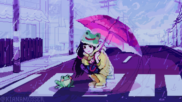 A pixel art illustration of a girl happily meeting a frog in the crosswalk of a rainy town. The girl is wearing a frog hat and holding an umbrella.