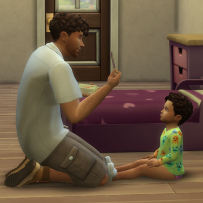 Addison, a Sim, teaches his toddler daughter with flash cards.