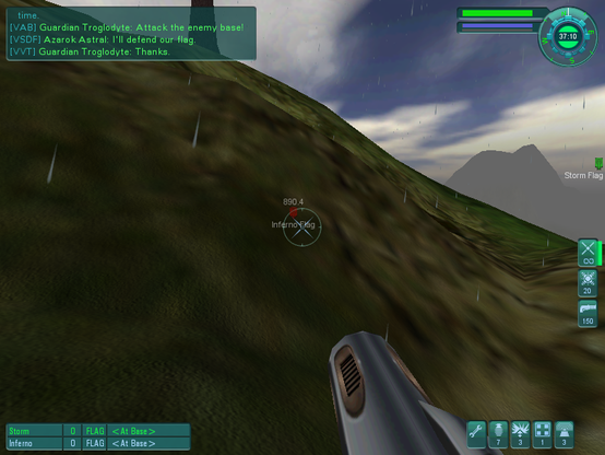 A screenshot from Tribes 2 taken moments before my untimely death. It's raining and a grey-green low poly count hill fills most of the frame.