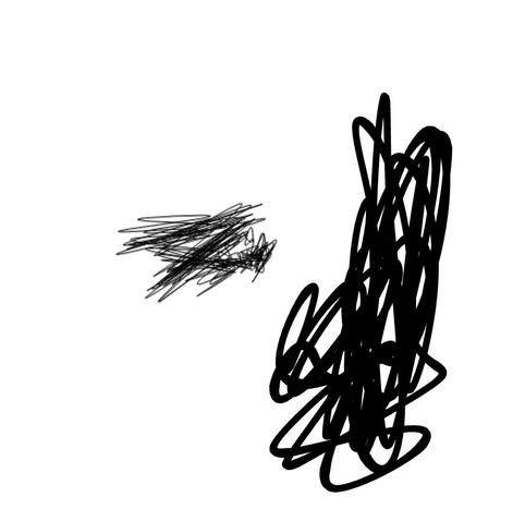 Graphic: digitally rendered black lines on white ground. More or less central is original aggressive accumulation of hard thin lines that aggregate into a concise bundle. To the right of that is another abstract linear rendering executed with a slightly thicker stylus - less angular and more curved - nevertheless producing an island of black figuration against white space.