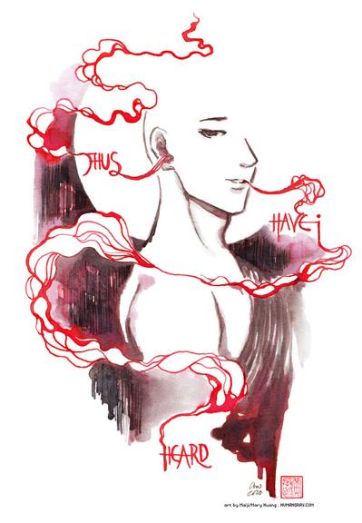 Ink illustration of a monk turned slightly towards the viewer with a pensive expression on his face, behind him a silhouette of a moon formed by white space. Threads of red ink flow like spidery clouds or smoke through his ear and out his mouth, with the words "Thus Have I Heard".