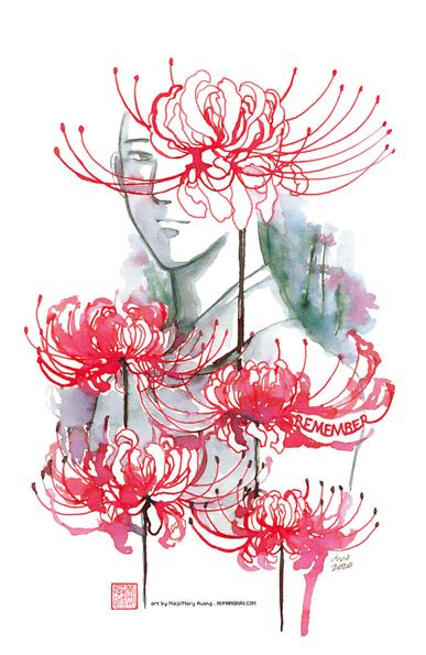 Ink illustration of a monk turned slightly towards the viewer with a pensive expression on his face, surrounded by five large red spider lilies. One of the flowers obscures part of the monk's face, forming the letter "I" over where the monk's left eye would be. Another spider lily has the word "Remember" tucked against it.