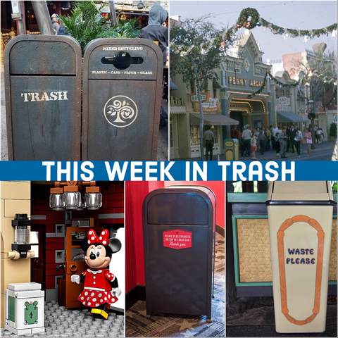 Collage of Disney theme park trash cans with caption “This Week in Trash”