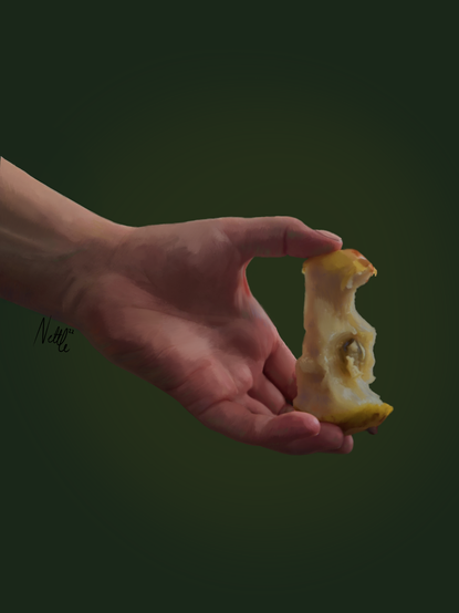 A painting of a hand holding the core of a pear in soft light on a green background.