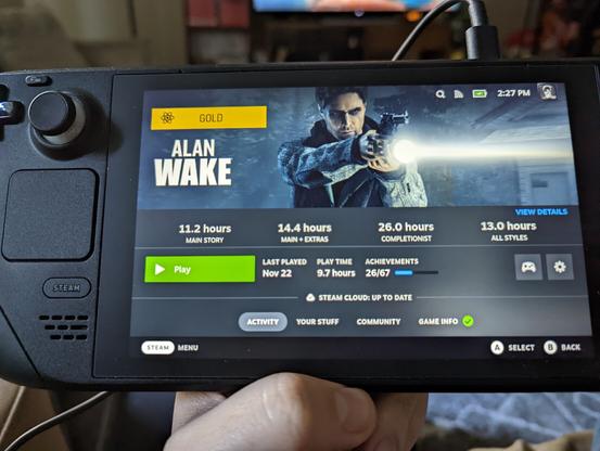 Alan Wake on my Steam Deck with the ProtonDB and How Long To Beat plugins from the Decky Loader mod. It says it takes 11.2 hours to beat the main story and my play time is already at 9.7 hours and I'm only just started chapter 4. There's 6 chapters and an epilogue.