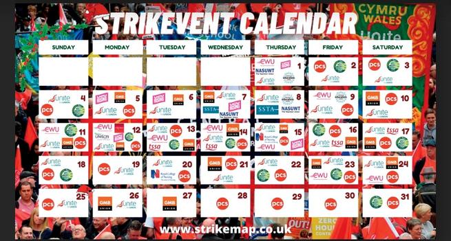 A calendar showing the month of December with various trade union logos in each day to show which unions are taking strike action and when