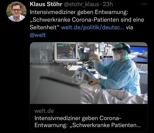 Klaus Stöhr: Intensivmediziner geben Entwarnung: „schwerkranke Corona-Patienten sind eine Seltenheit“

Welt.de Artikel