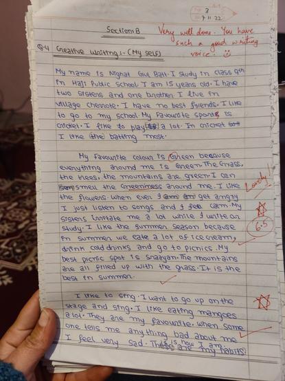 Photo of a handwritten essay, blue ink on foolscap paper, marked by the teacher in red.
Student has written a full page essay on herself. 
Teacher has remarked 'Lovely!' with a couple of hand drawn stars, and left a note: "Very well done. You have such a good writing voice. :)"