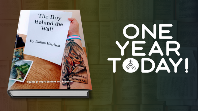 A photograph of the book 'The Boy Behind The Wall' by Dalton Harrison accompanied by the words 'One Year Today'.