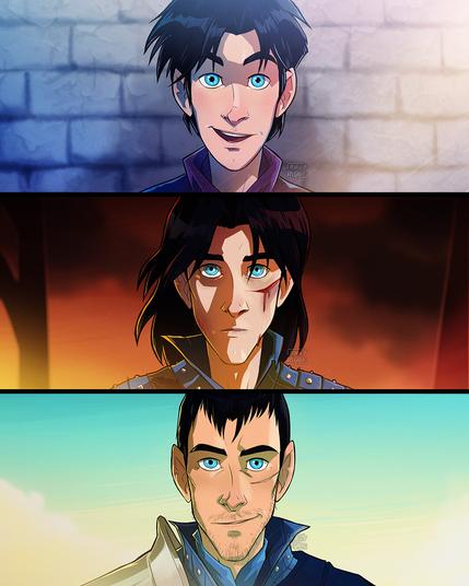 Illustration of Warden Amell from Dragon Age: Origins depicting three stages of his life: as a teen, during the game, and 10 years later