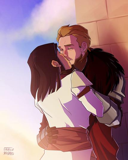 Inquisitor Trevelyan and Commander Cullen kissing at Skyhold. It's dawn and there's a pinkish tone to the sky.