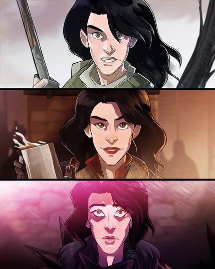 Illustration of Hawke from Dragon Age 2 depicting three stages of her life: at the Prologue, during Act 2 and by the end of the game