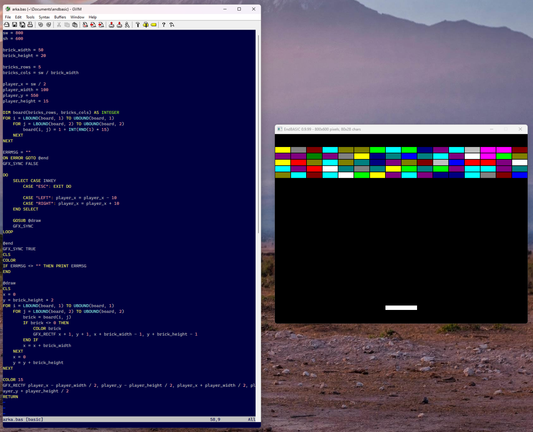 gvim showing a screenfull of code to draw the basic Arkanoid board, next to EndBASIC running the program.