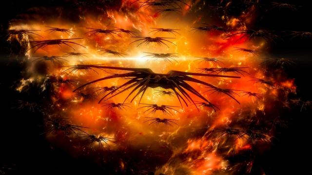 A fleet of shadow battlecrabs from Babylon5 approaching from an orange space nebula
